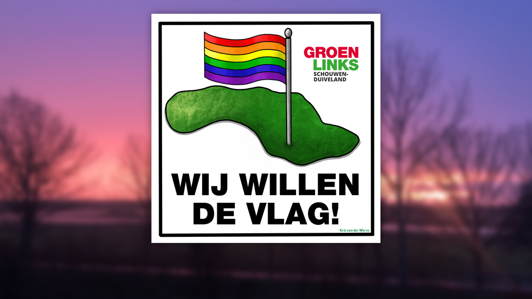 Illustratie van Schouwen-Duiveland met een regenboog vlag bij Zierikzee